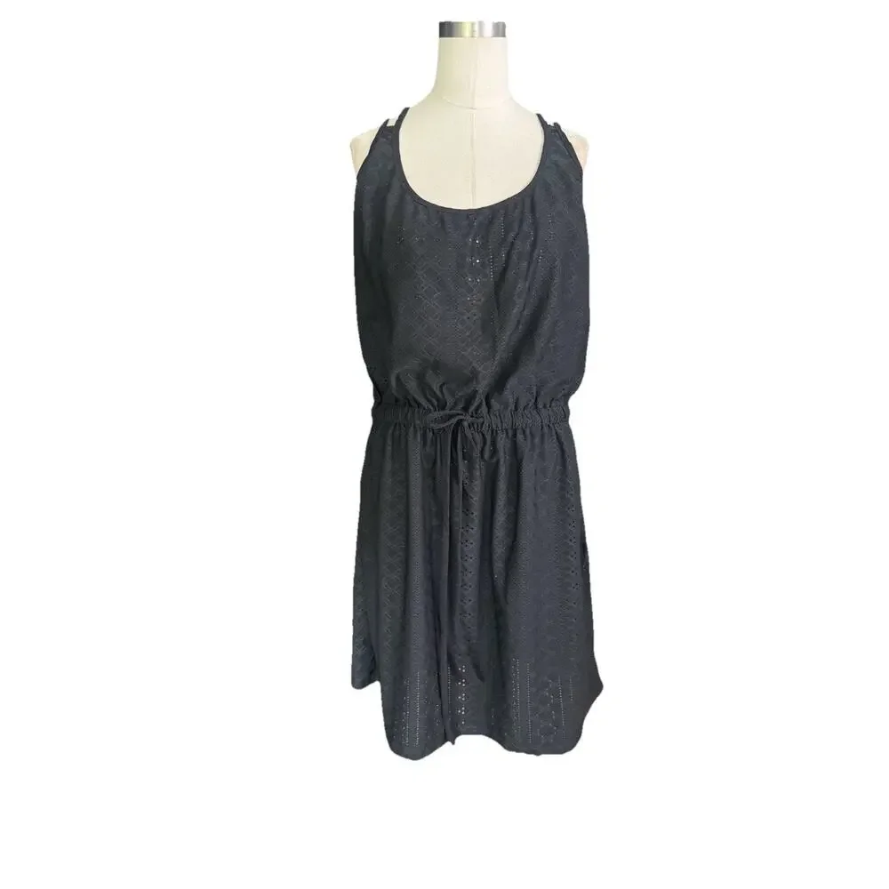 Beta Brand Hollow Out Swimsuit Coverup NEW Size Large Black Snap Drawstring